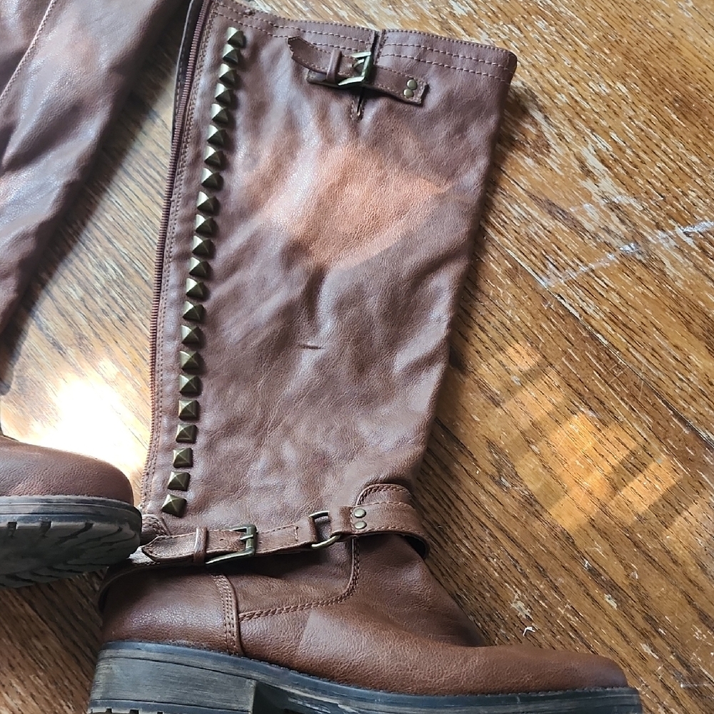 Breckelles Brown Heeled Boots with Studded Detail